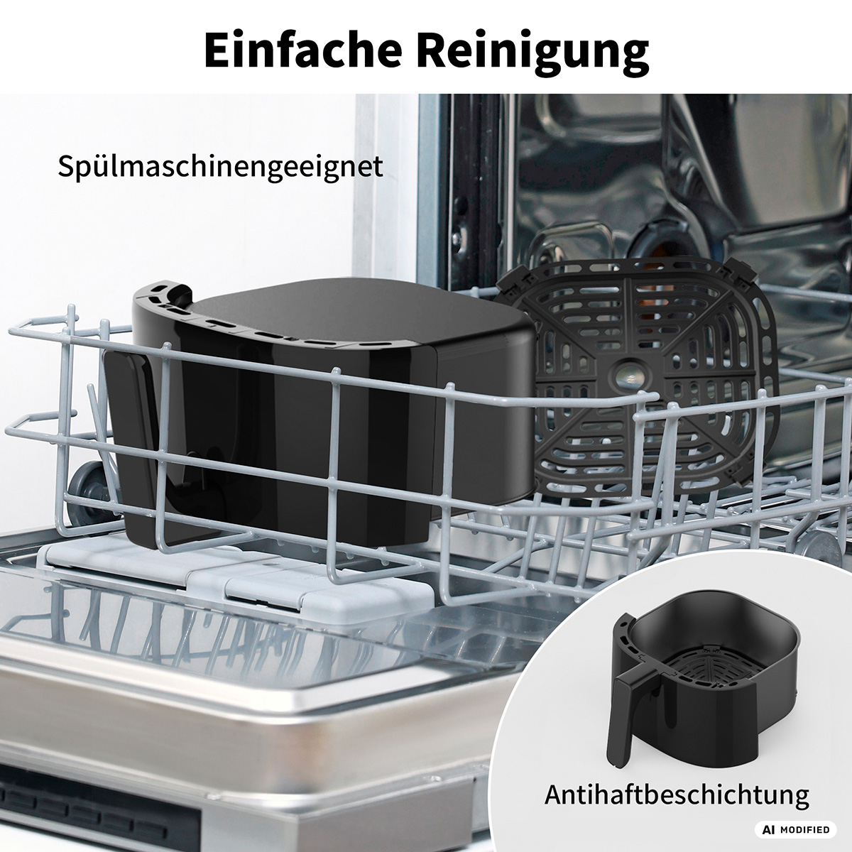 Ein schwarzer Airfryer-Korb und sein Einsatz liegen in einem geöffneten Geschirrspüler.