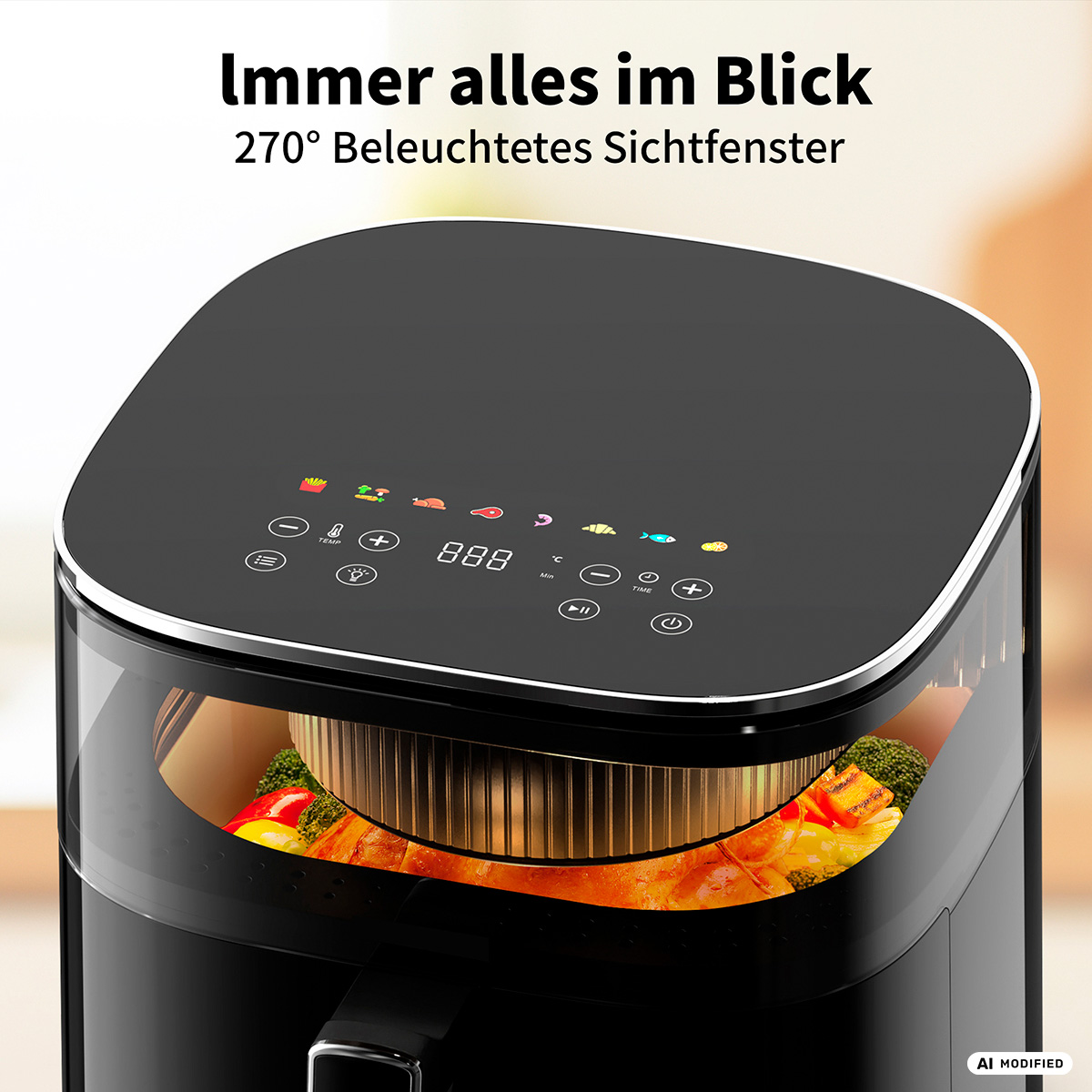 Schwarze Heißluftfritteuse mit beleuchtetem Sichtfenster und Touch-Bedienfeld.