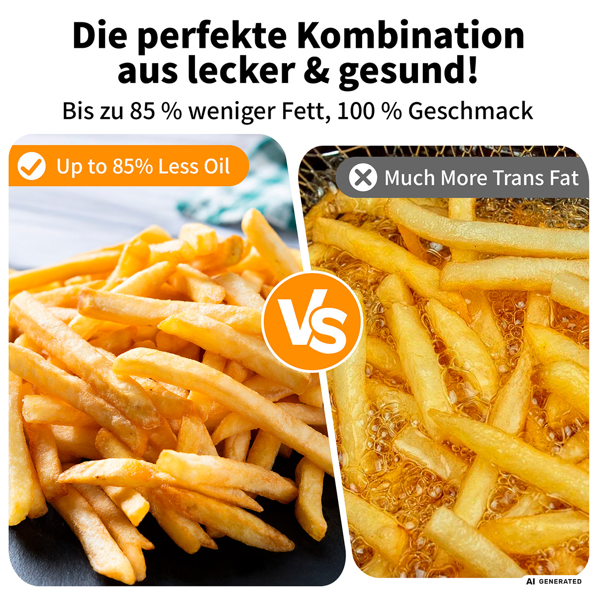 Pommes mit und ohne viel Öl. Links weniger Öl, rechts mehr Transfett.