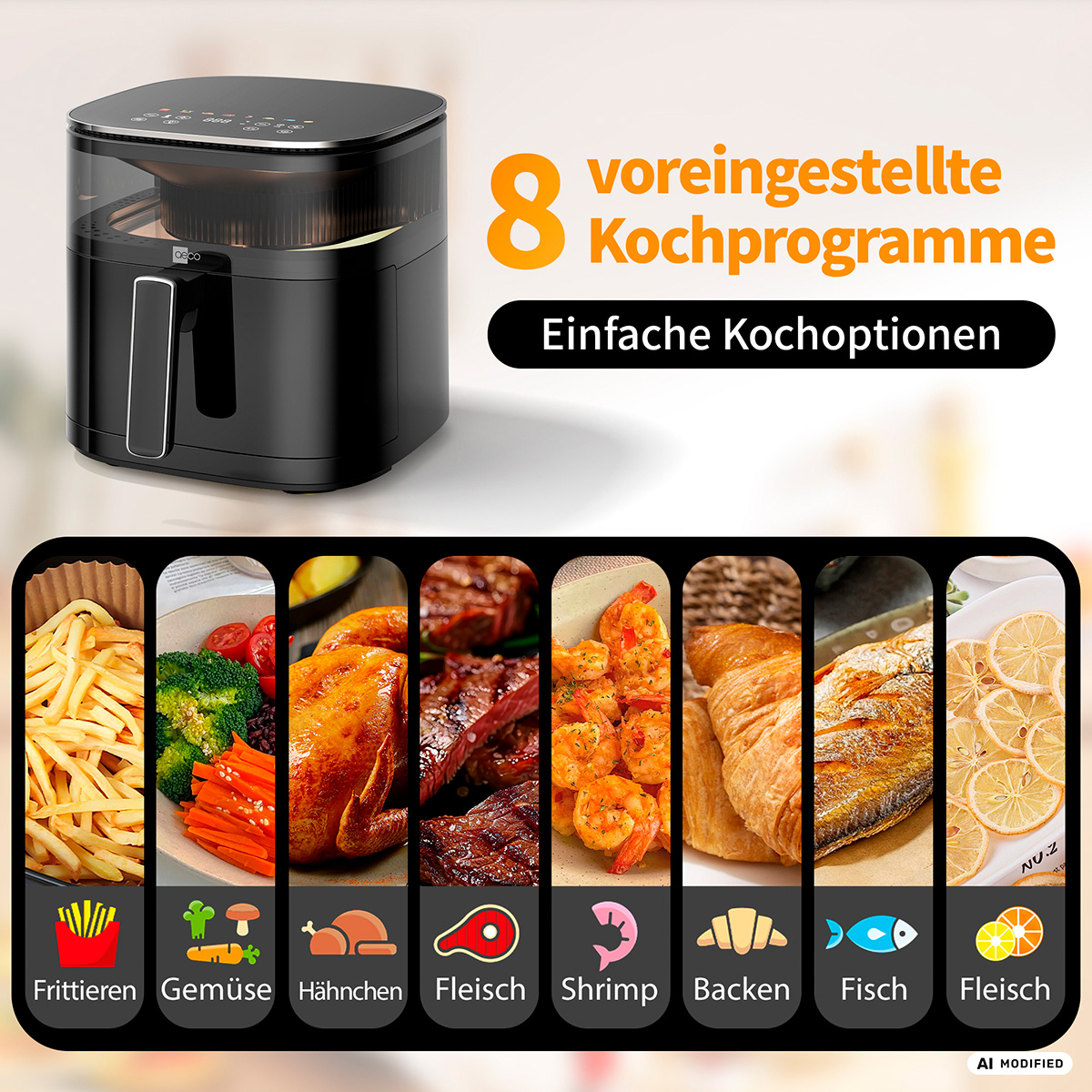 Ein schwarzer Airfryer neben Bildern von Lebensmitteln und 8 Kochprogrammen.