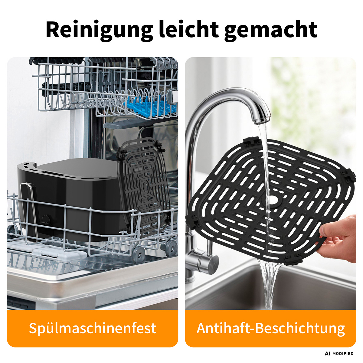 Ein Airfryer-Korb in einer Spülmaschine und ein Korb unter fließendem Wasser.