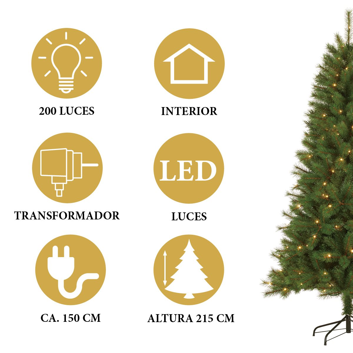 Christmas tree with LED lights: 200 lights, 150cm cable, 215cm height.