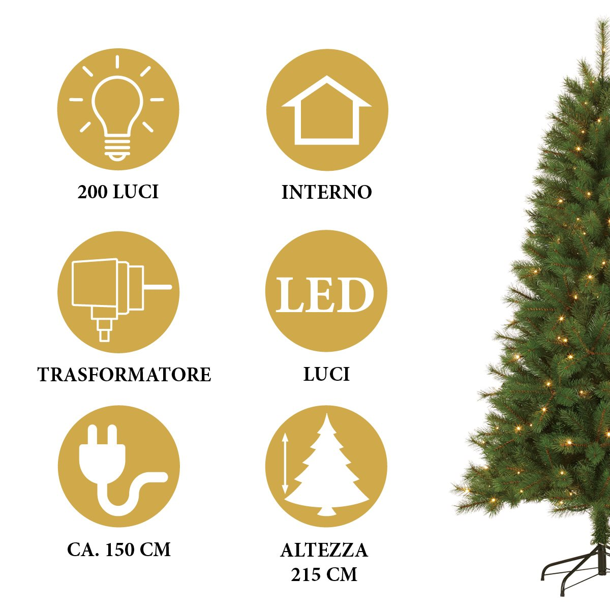 Christmas tree with 200 LEDs, 215cm height, indoor use, 150cm cable.
