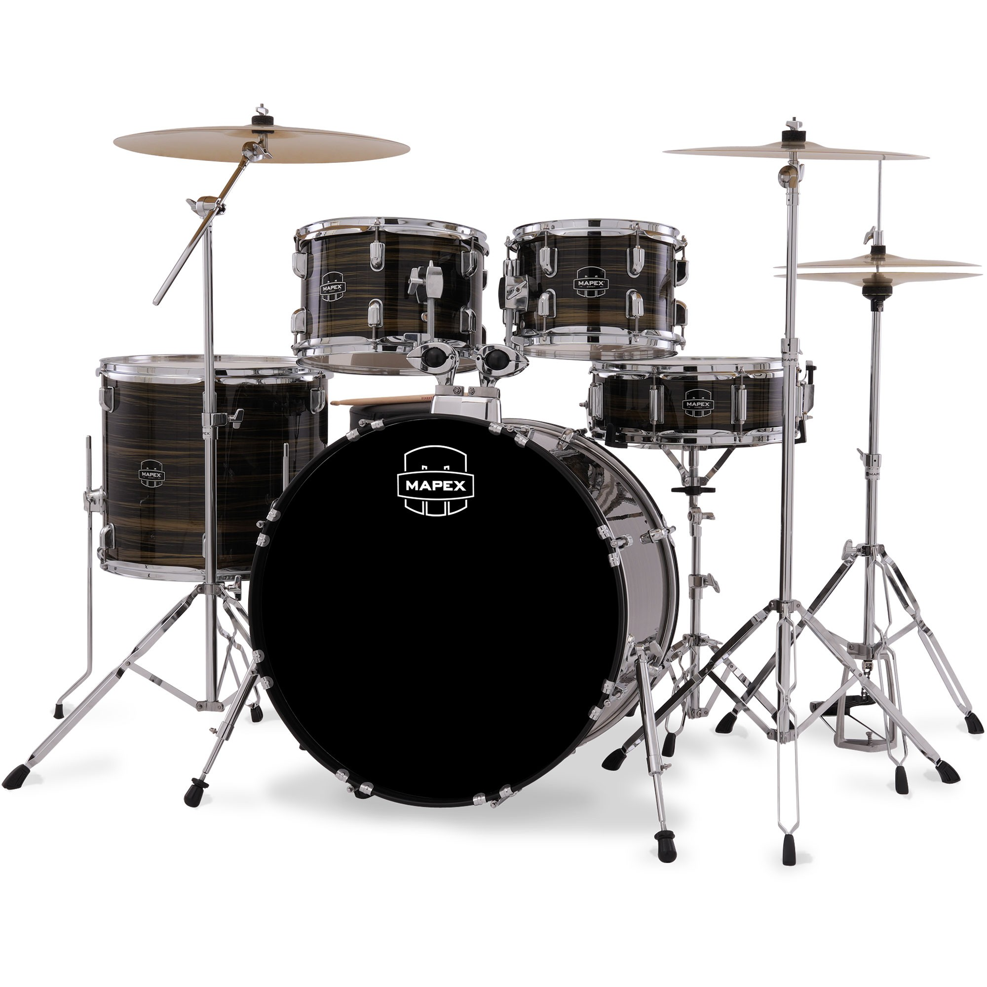 Siyah gövdeli, gümüş donanımlı ve zilli bir Mapex bateri seti.