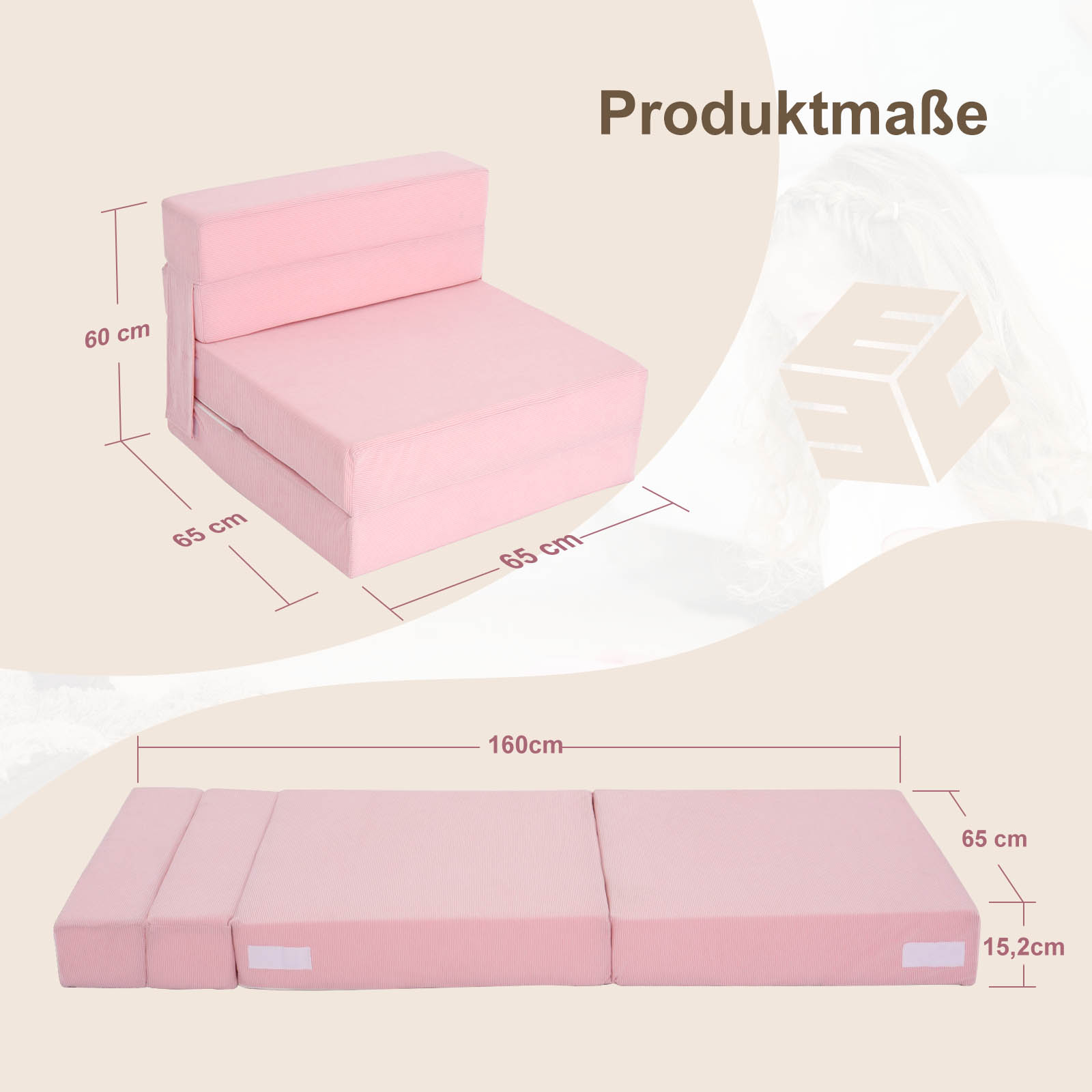 Ein rosa Klappsofa mit Maßen 60x65x160 cm.