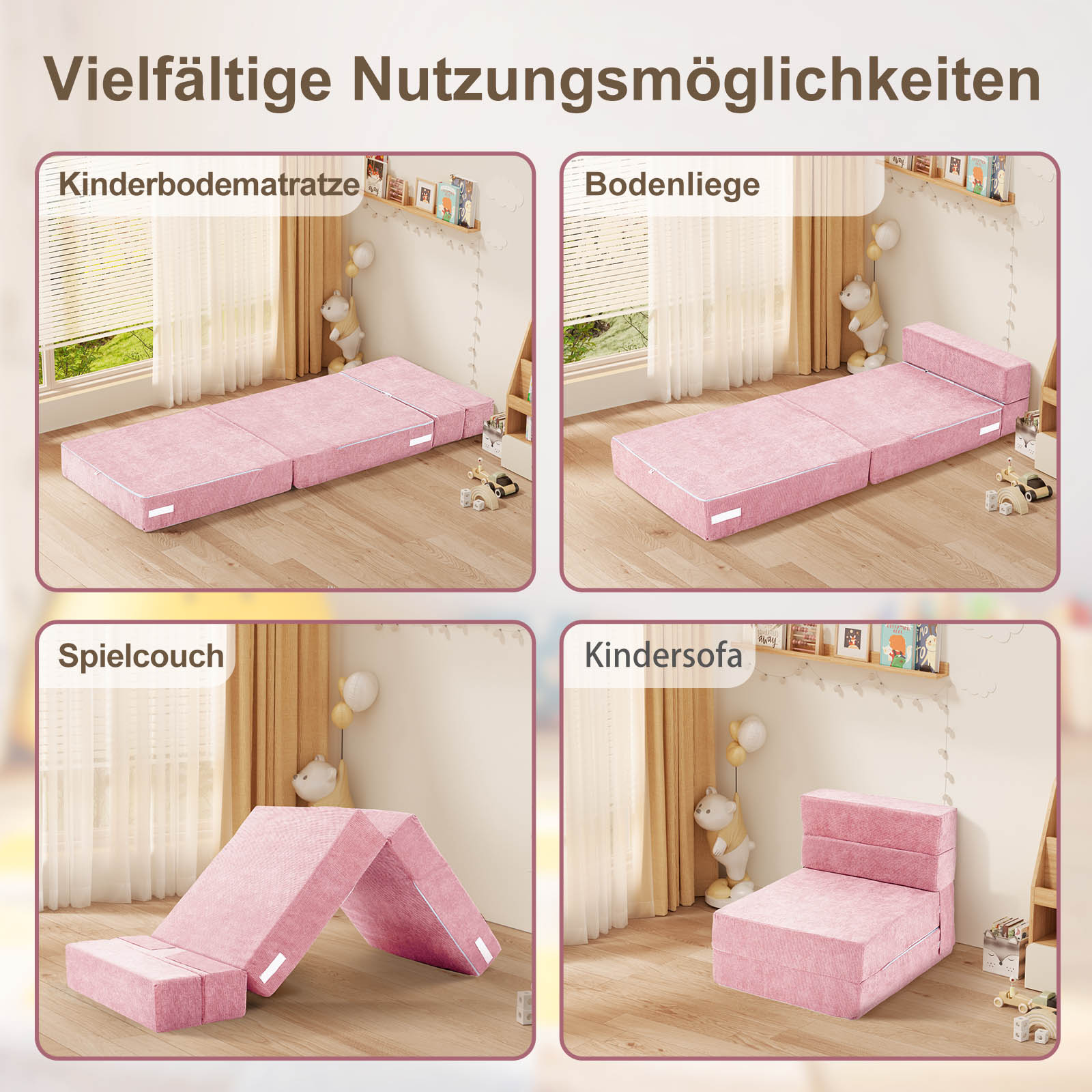 Vier Darstellungen eines rosa Klappmöbels: Bodenmatratze, Bodenliege, Spielcouch, Kindersofa.