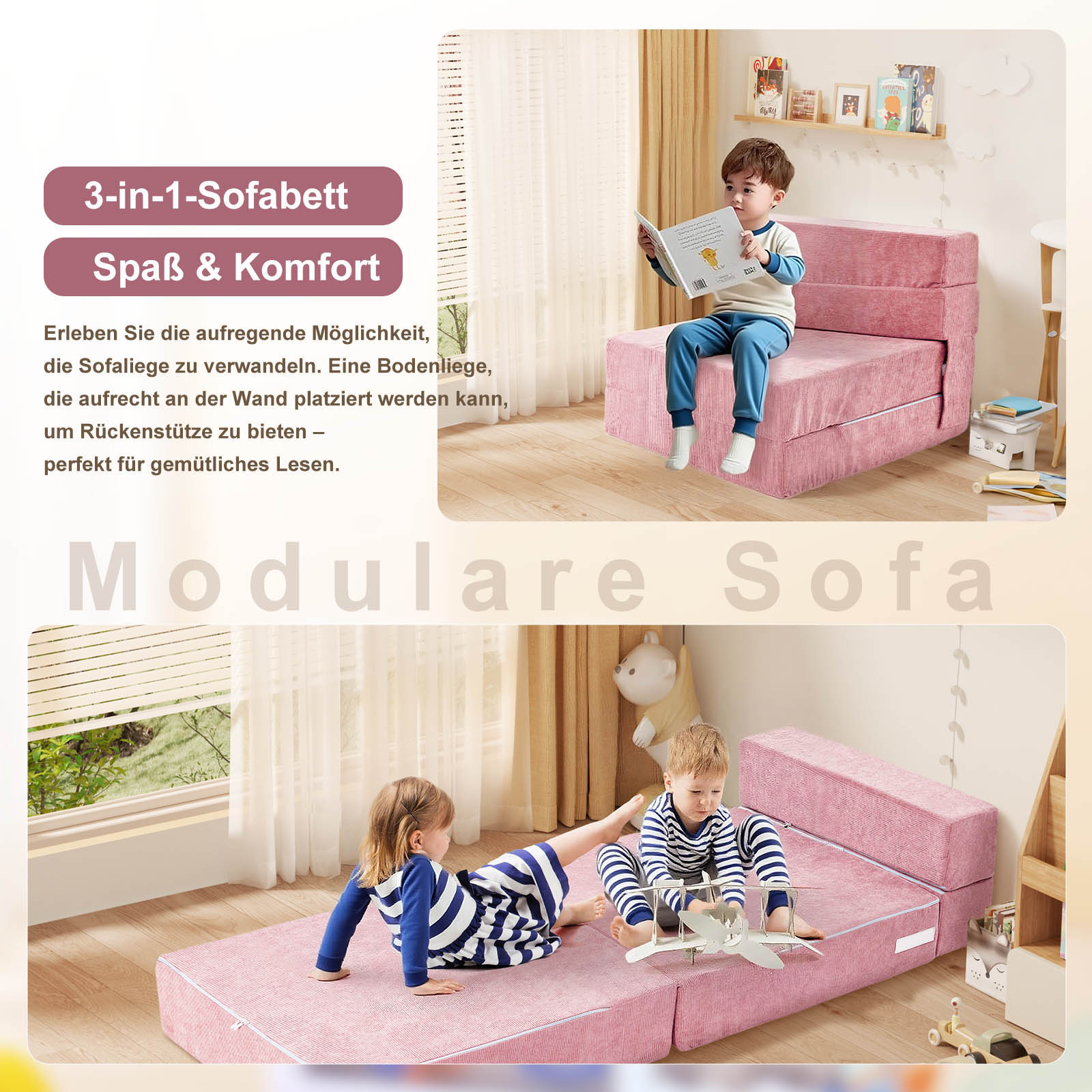 Ein Junge liest auf einem rosa 3-in-1-Sofa, Kinder spielen auf dem Boden.