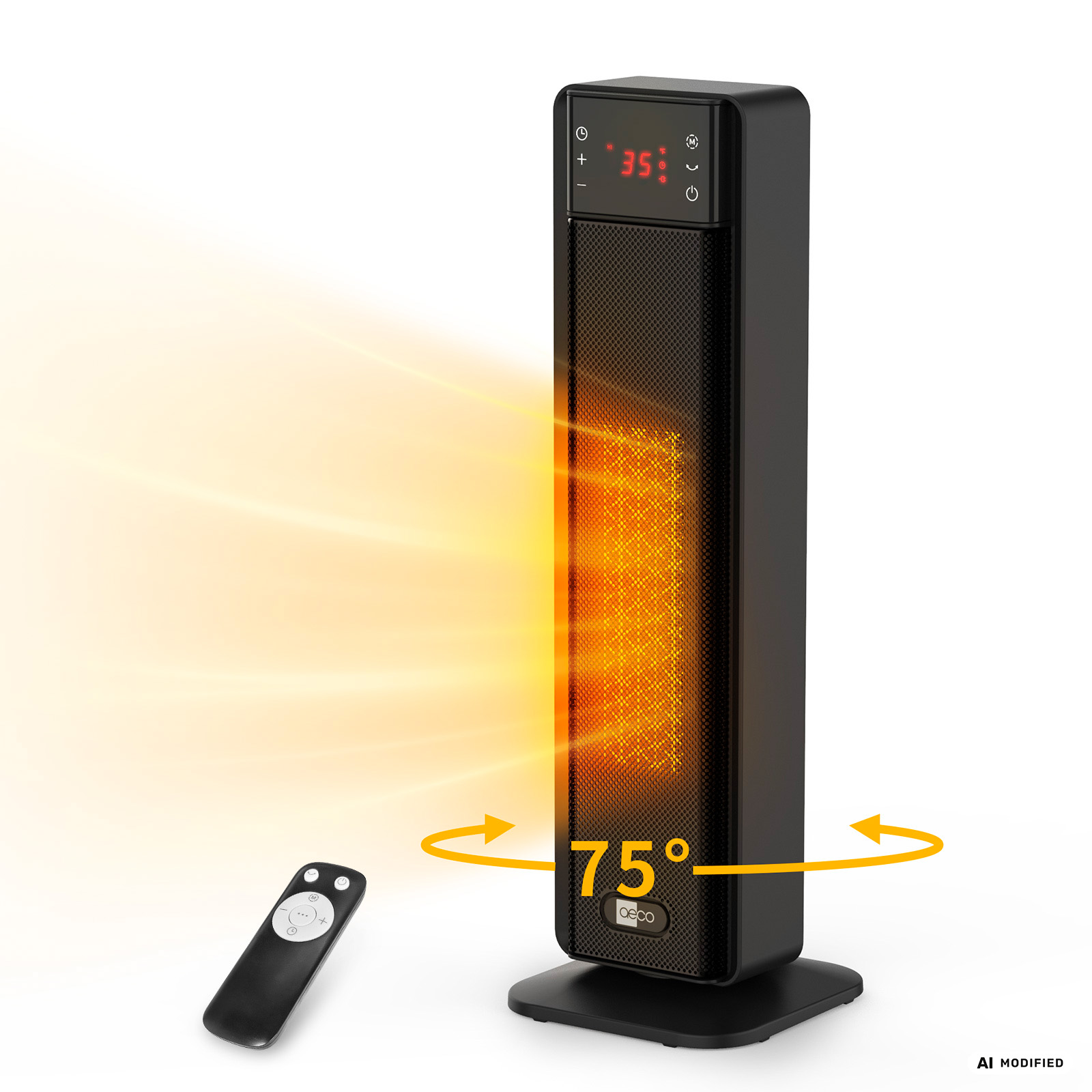 Ein schwarzer Turmheizer mit Fernbedienung, der 75° schwenkt.