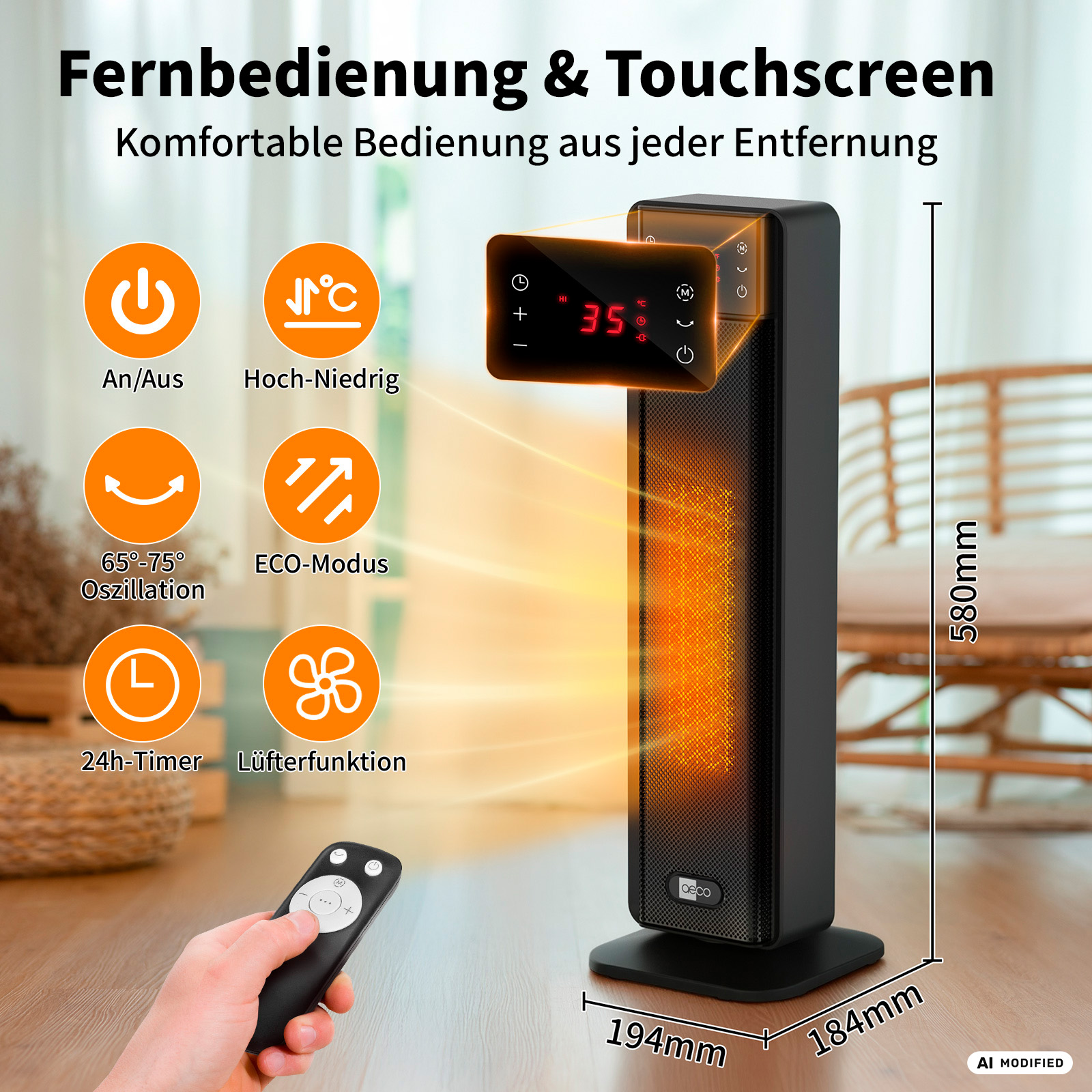 Ein schwarzer Turmventilator mit digitalem Display, Fernbedienung und Symbolen für Funktionen.