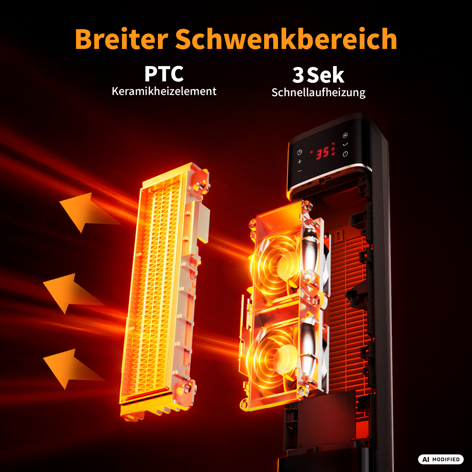 Ein Heizlüfter mit entfernter Verkleidung, der das Heizelement und die Lüfter zeigt.