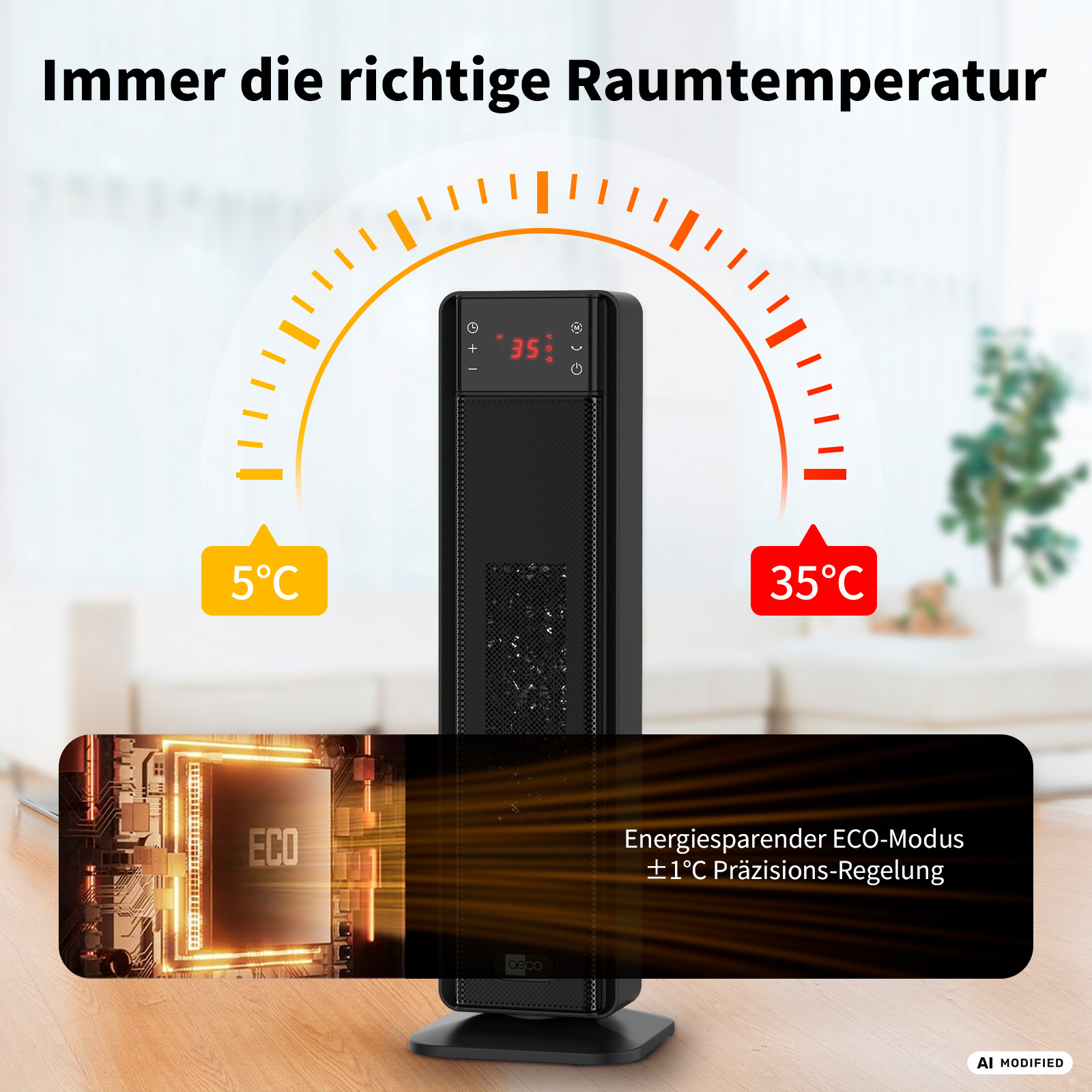 Schwarzer Turmventilator zeigt 35°C an. Links 5°C, rechts 35°C.