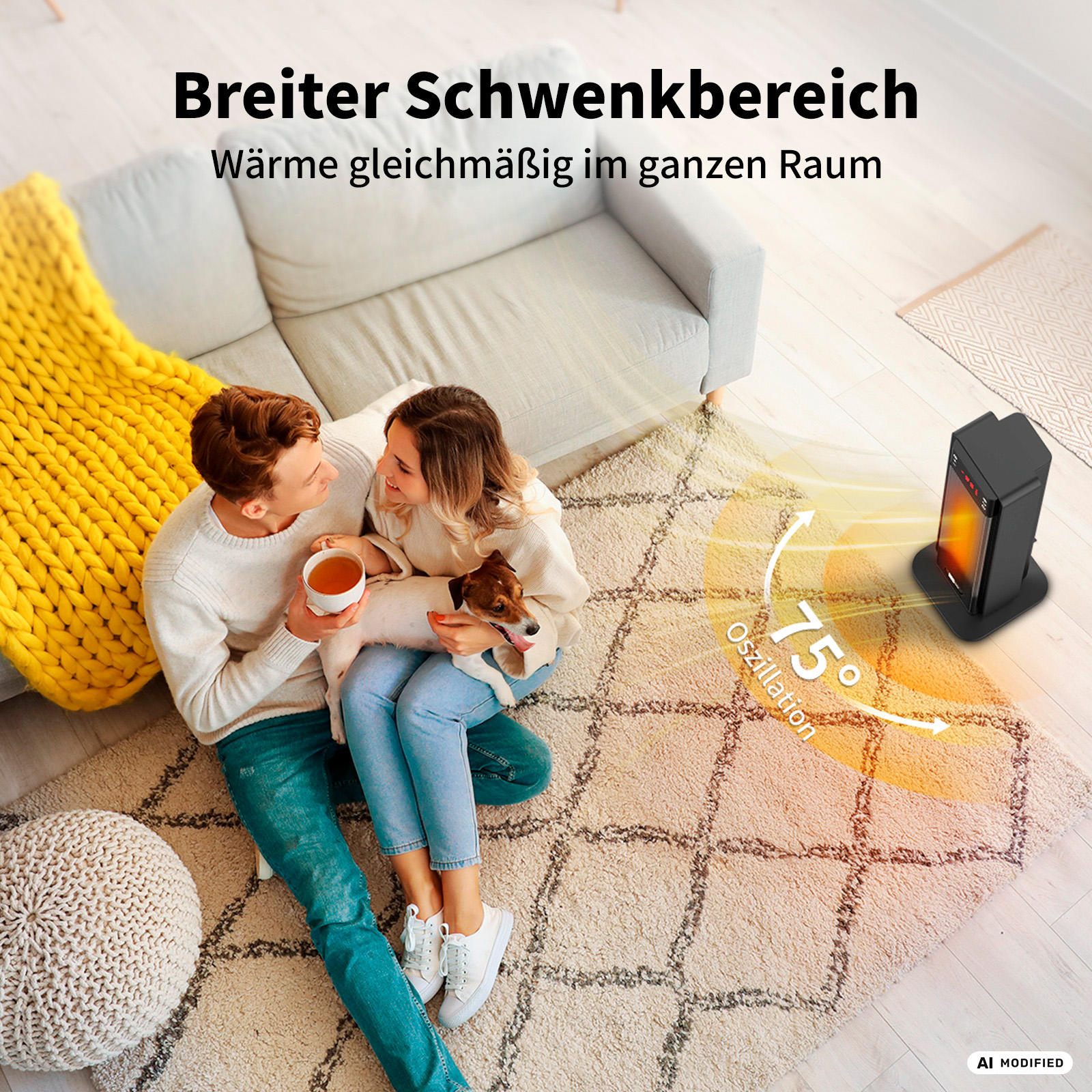 Ein Paar mit Hund sitzt auf einem Teppich, ein Heizlüfter erwärmt den Raum.