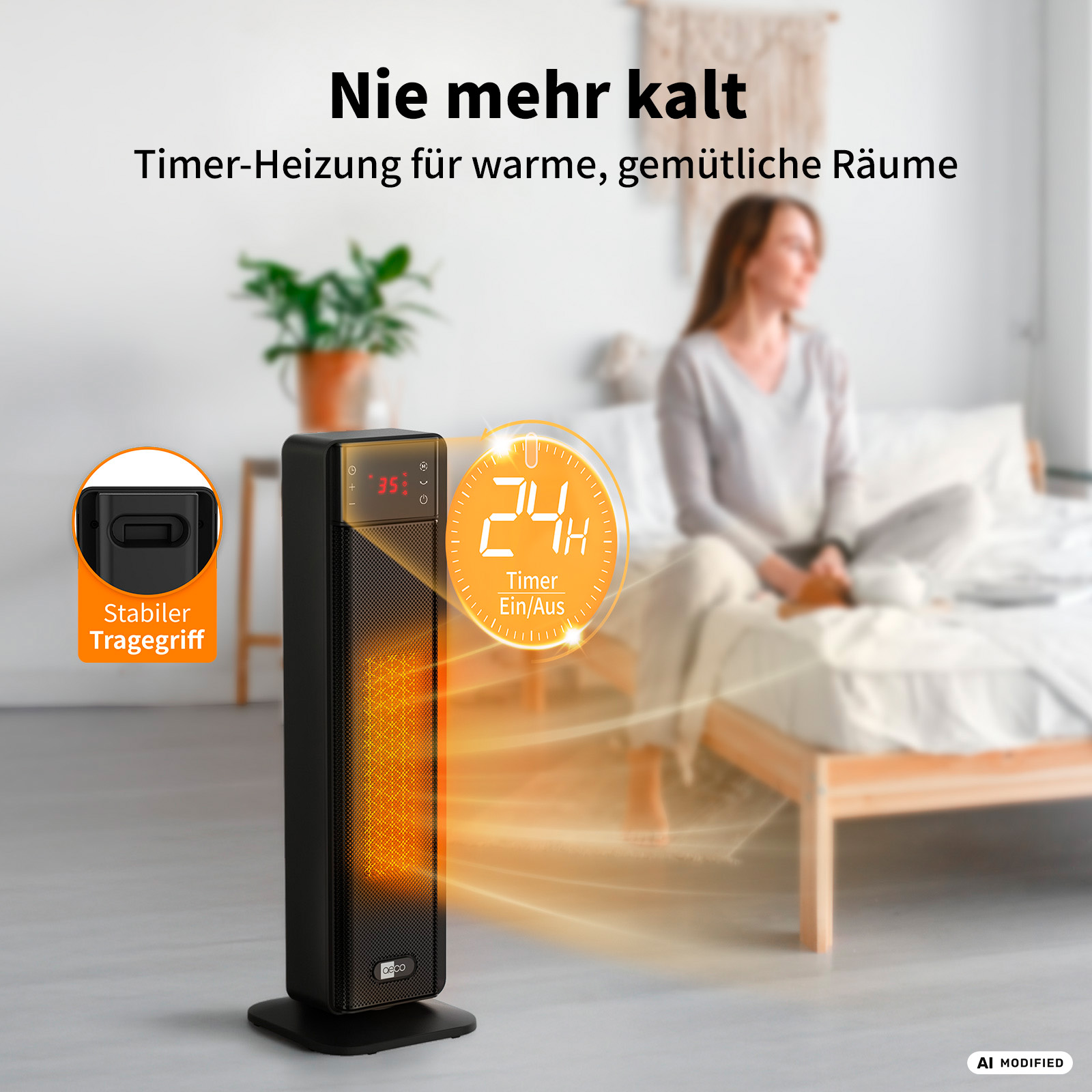 Ein schwarzer Turmheizer mit orangefarbener Heizung und 24h Timer-Anzeige.