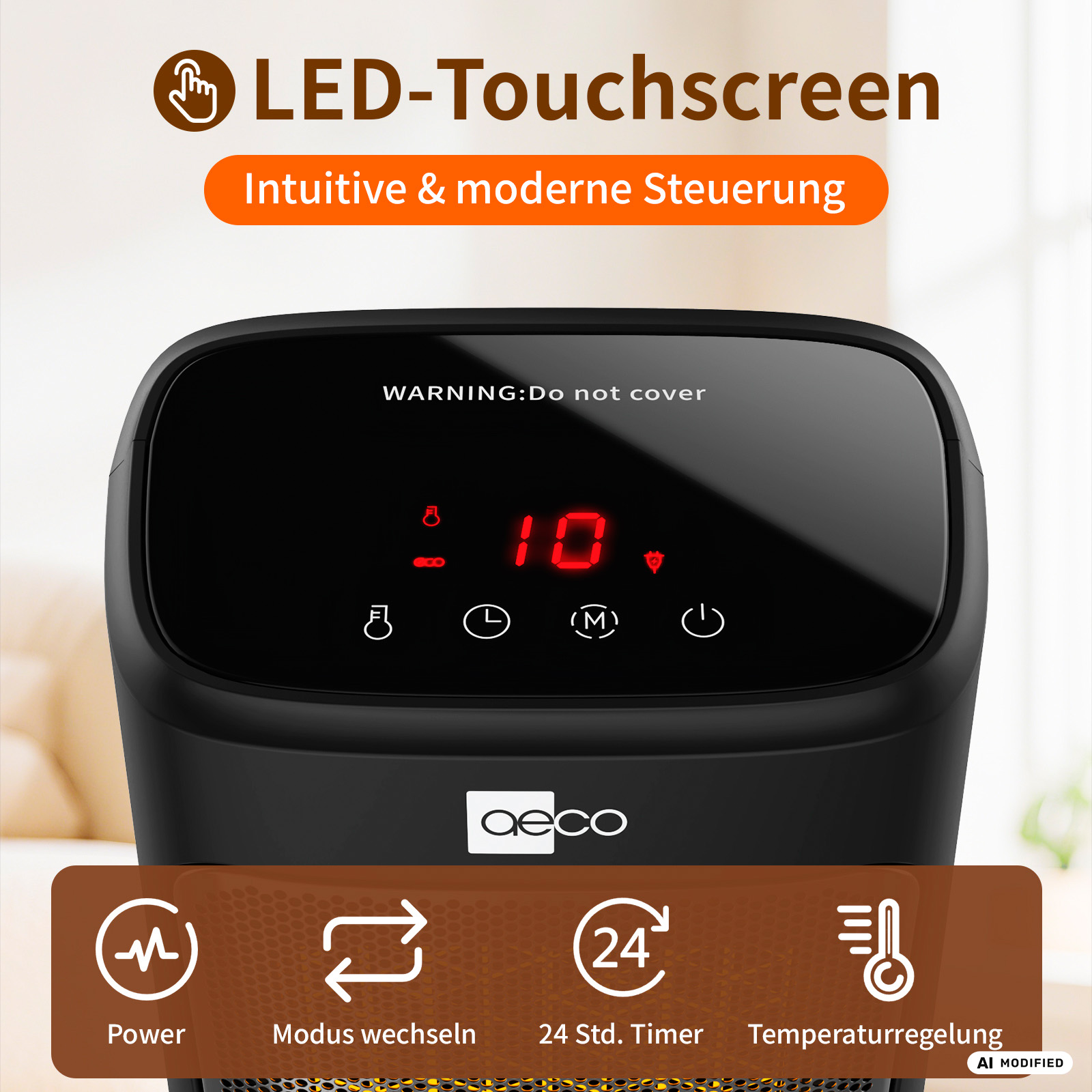 Schwarzer Heizlüfter mit LED-Touchscreen und Symbolen für Leistung, Modus, Timer und Temperatur.