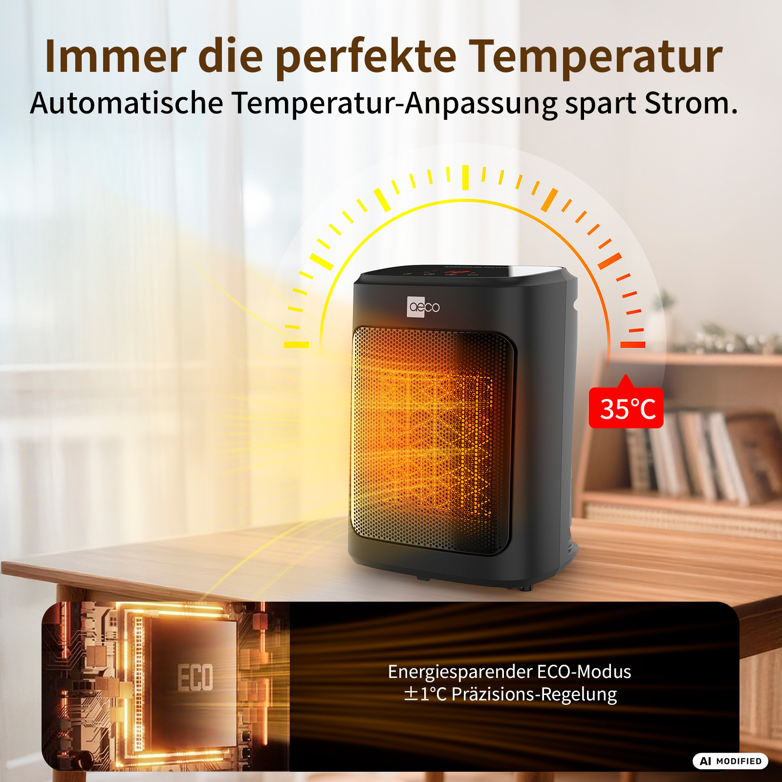 Ein schwarzer Heizlüfter steht auf einem Holztisch, zeigt 35°C und ist im ECO-Modus.