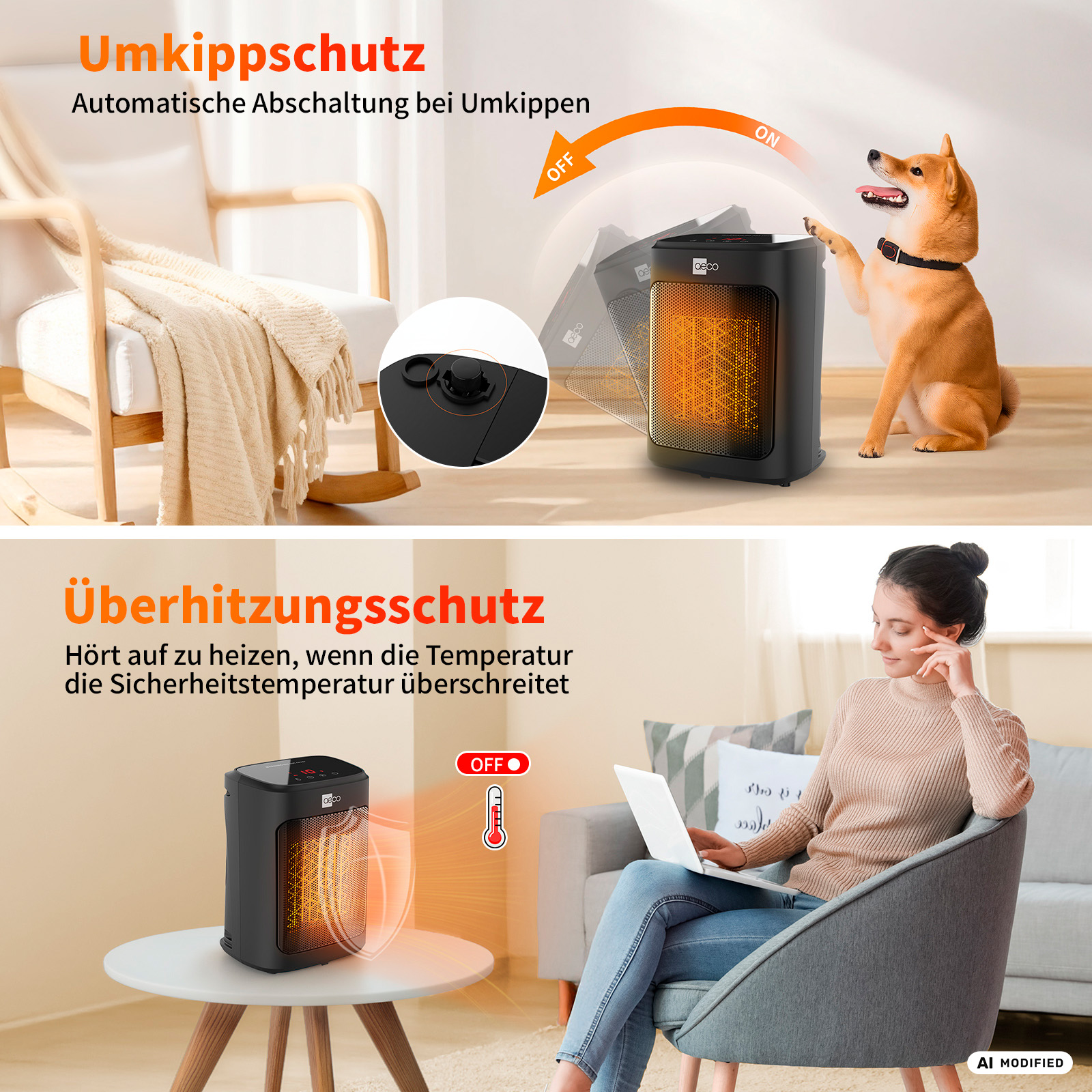 Ein Heizlüfter mit Kippschutz und Überhitzungsschutz wird gezeigt.