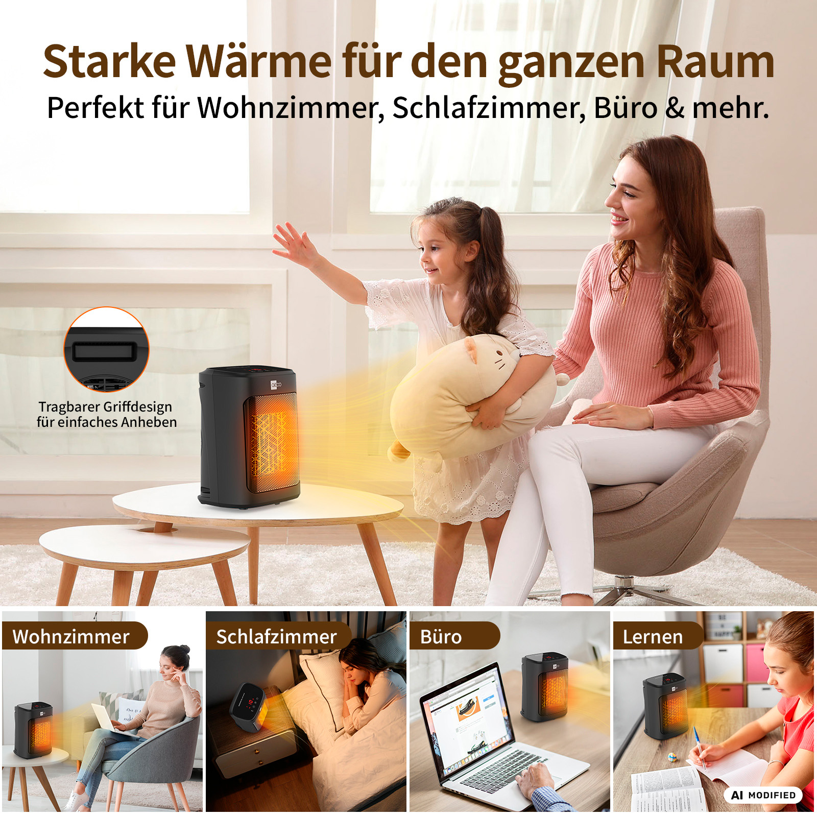 Ein tragbarer Heizkörper wärmt einen Raum, während eine Frau und ein Kind auf einem Sofa sitzen.