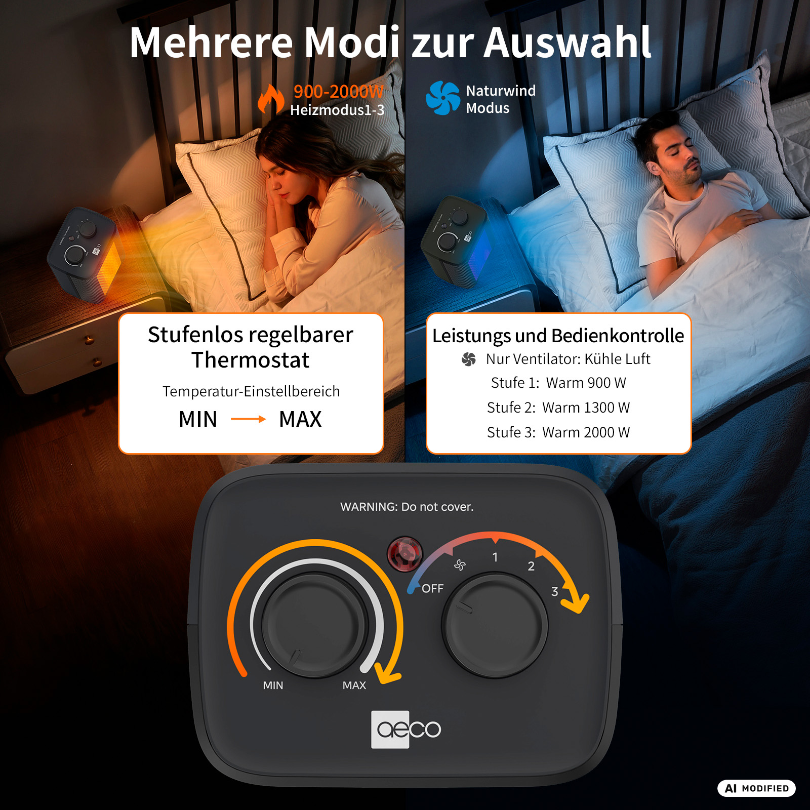 Ein Heizlüfter mit zwei Modi: Heizen und Naturwind. Einstellungen für Thermostat und Leistung.