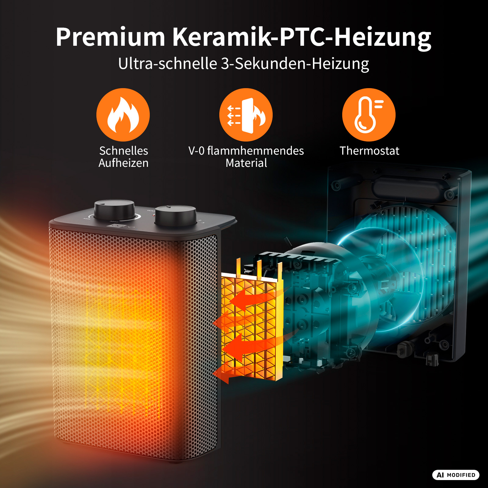 Ein Keramik-PTC-Heizgerät mit Heizelement, Lüfter und Bedienelementen.