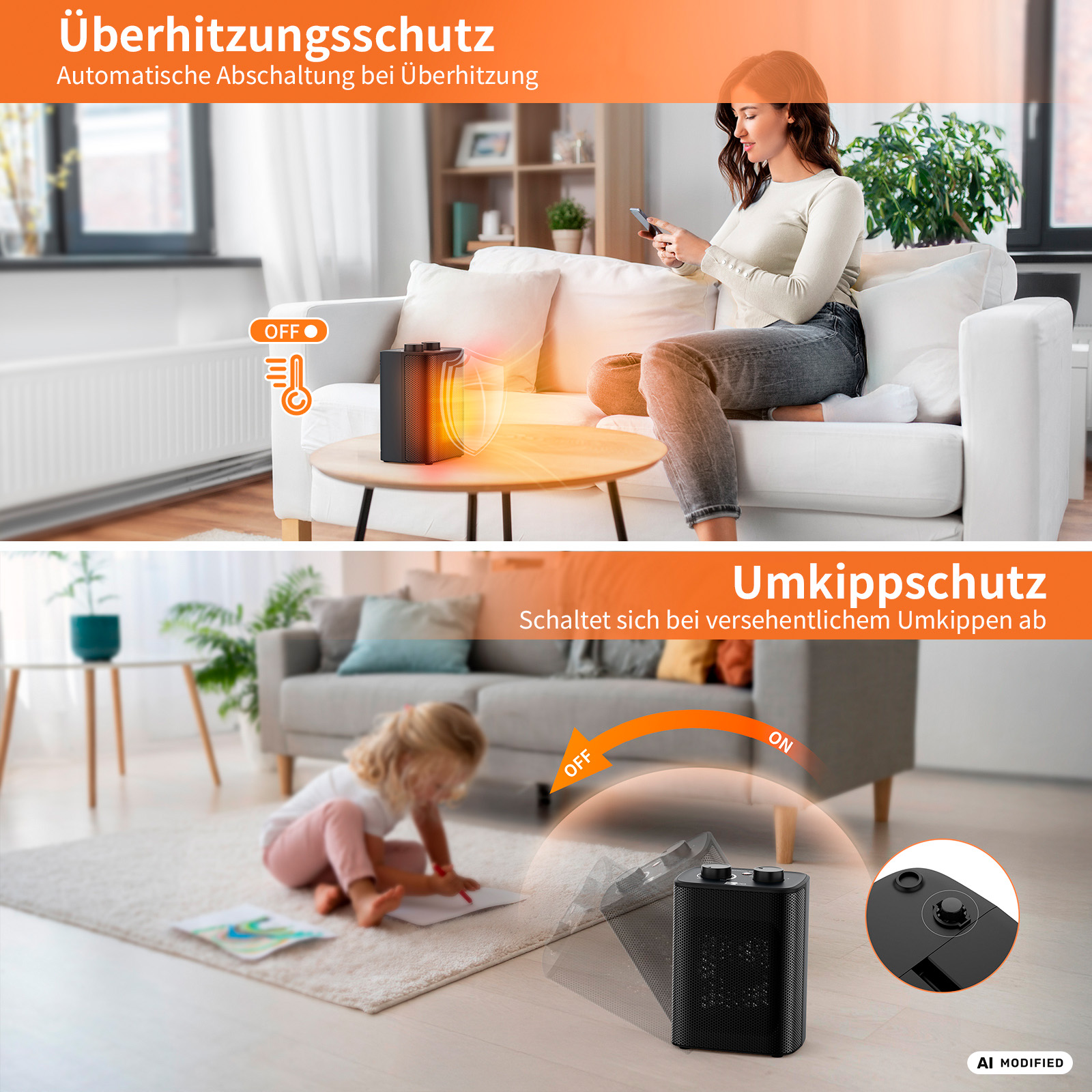 Überhitzungs- und Kippschutz für Heizgerät, mit Frau am Handy und Kind am Boden.