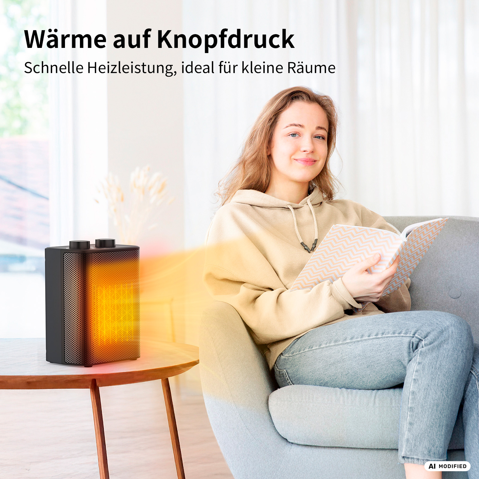 Ein Heizlüfter wärmt einen Raum, während eine Frau ein Buch liest.
