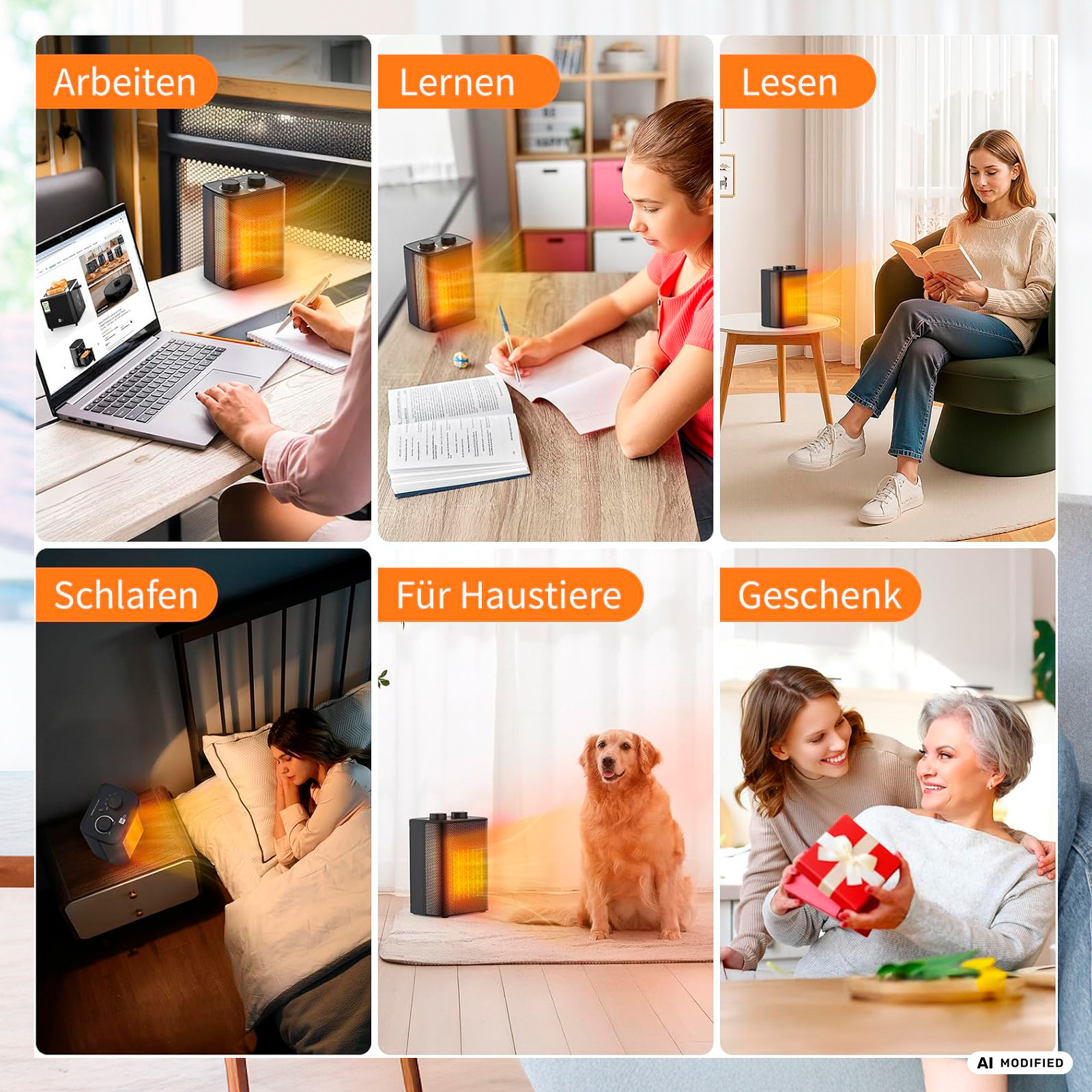 Collage zeigt Heizstrahler in verschiedenen Szenarien: Arbeit, Lernen, Lesen, Schlafen, Haustiere, Geschenk.