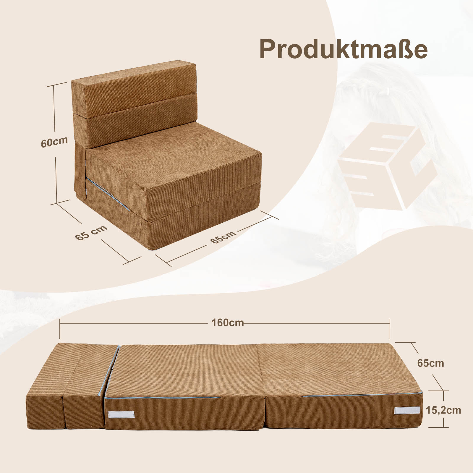 Brauner Klappstuhl mit Maßen: 60cm Höhe, 65cm Breite, 160cm Länge.