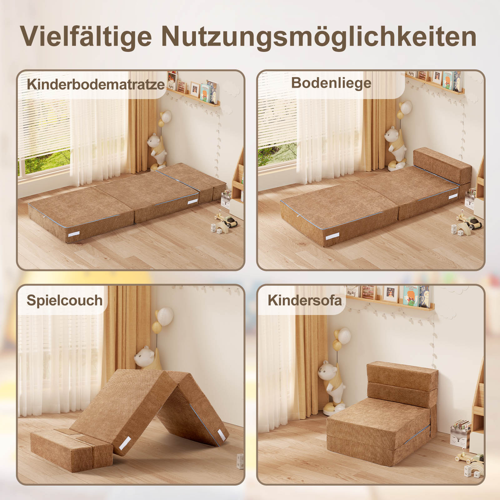 Vier Darstellungen eines braunen modularen Sofas in verschiedenen Konfigurationen: flach, als Bodenliege, als Spielcouch und als Kindersofa.