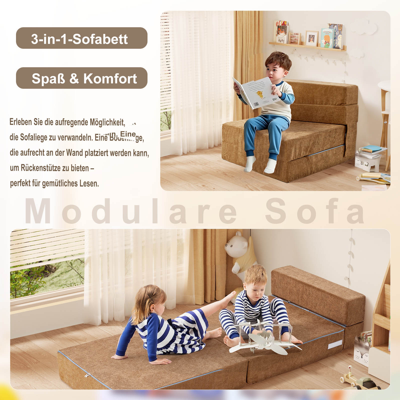 Ein Junge liest auf einem braunen 3-in-1-Sofa, Kinder spielen am Boden.