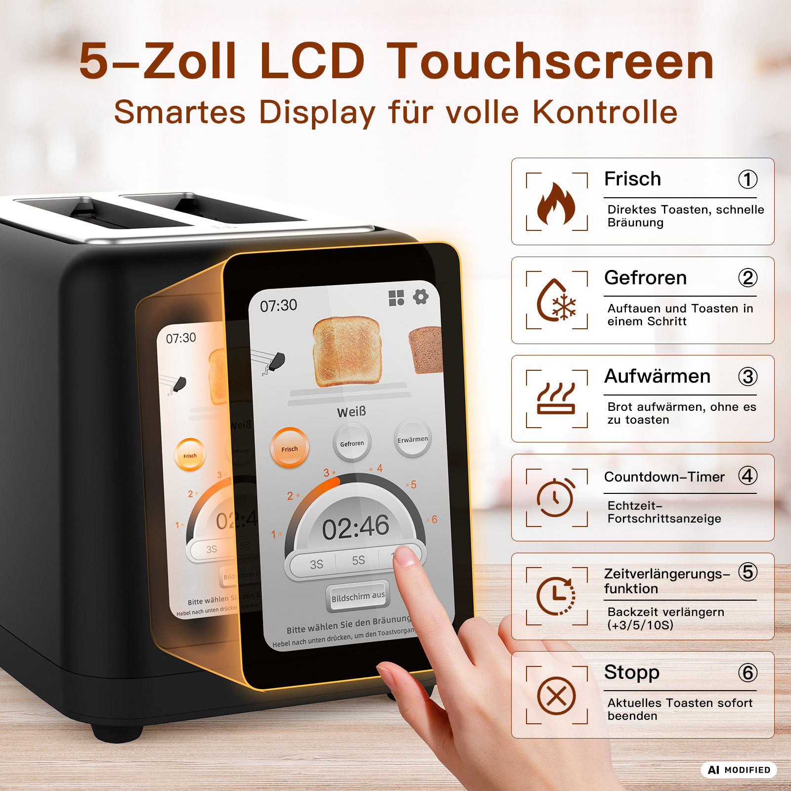 Ein schwarzer Toaster mit einem 5-Zoll-Touchscreen, der die Bräunungsoptionen zeigt.