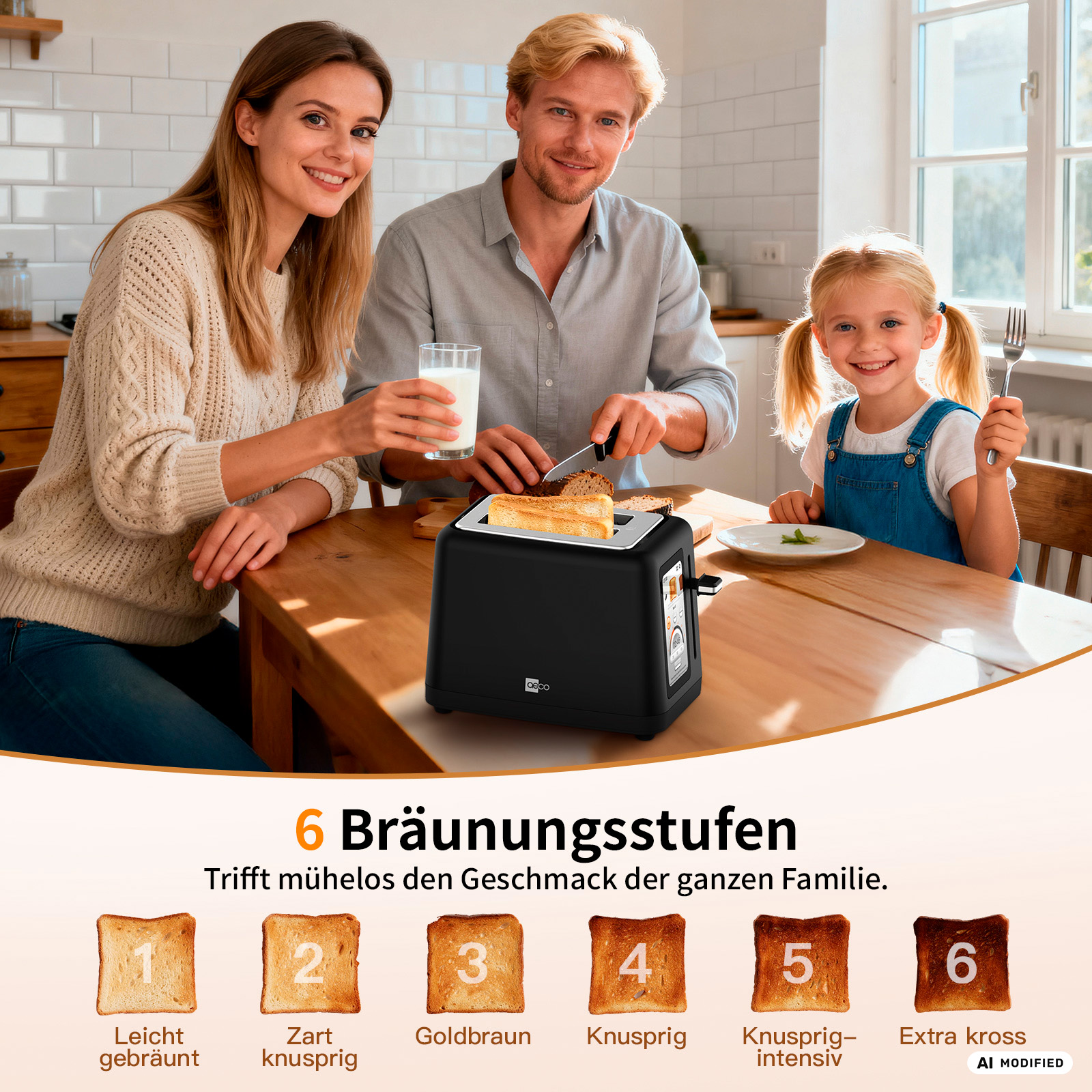 Familie beim Frühstück mit einem Toaster und verschiedenen Toastbrotsorten.