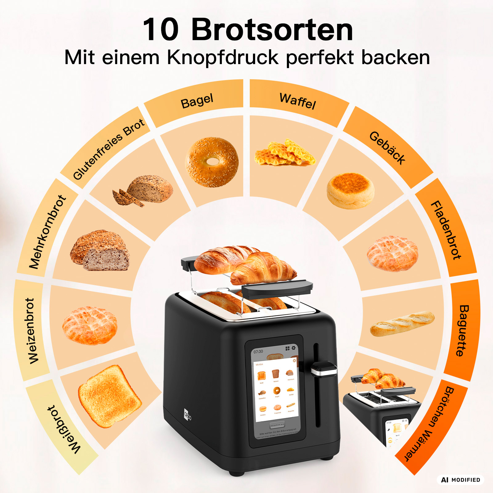 Ein schwarzer Toaster mit verschiedenen Brotsorten in einem Kreisdiagramm.
