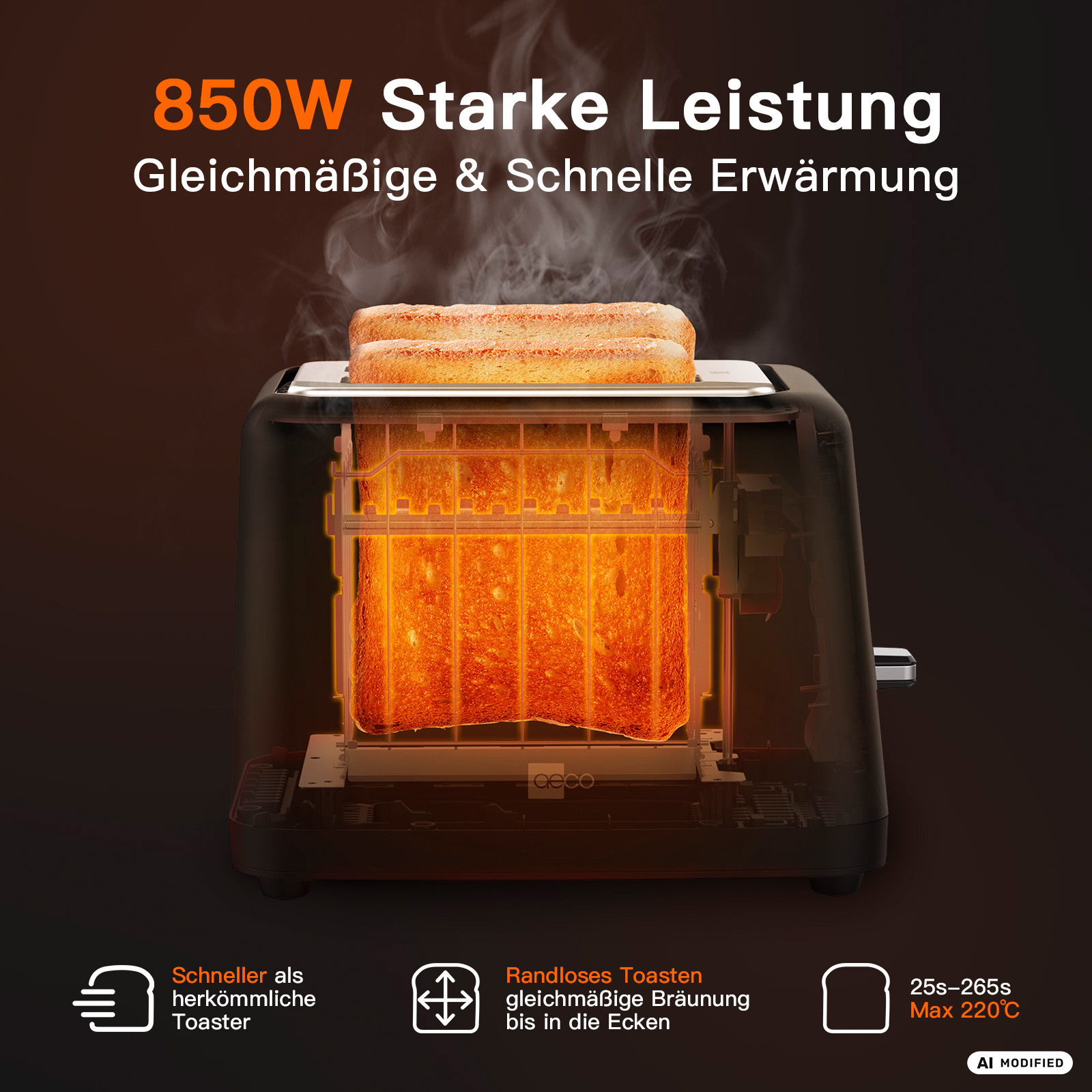Ein Toaster mit 850W Leistung toastet zwei Brotscheiben gleichmäßig und schnell.