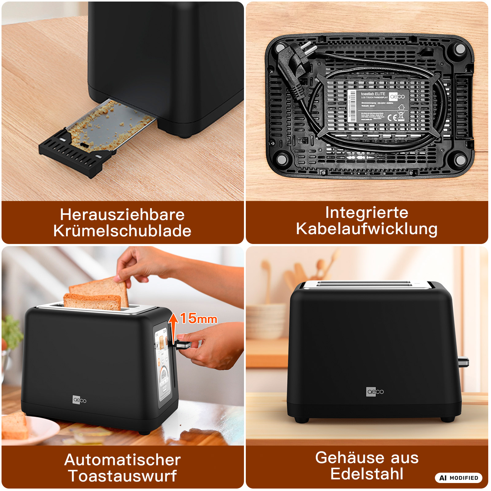 Schwarzer Toaster mit Krümelschublade, Kabelaufwicklung und Toast.
