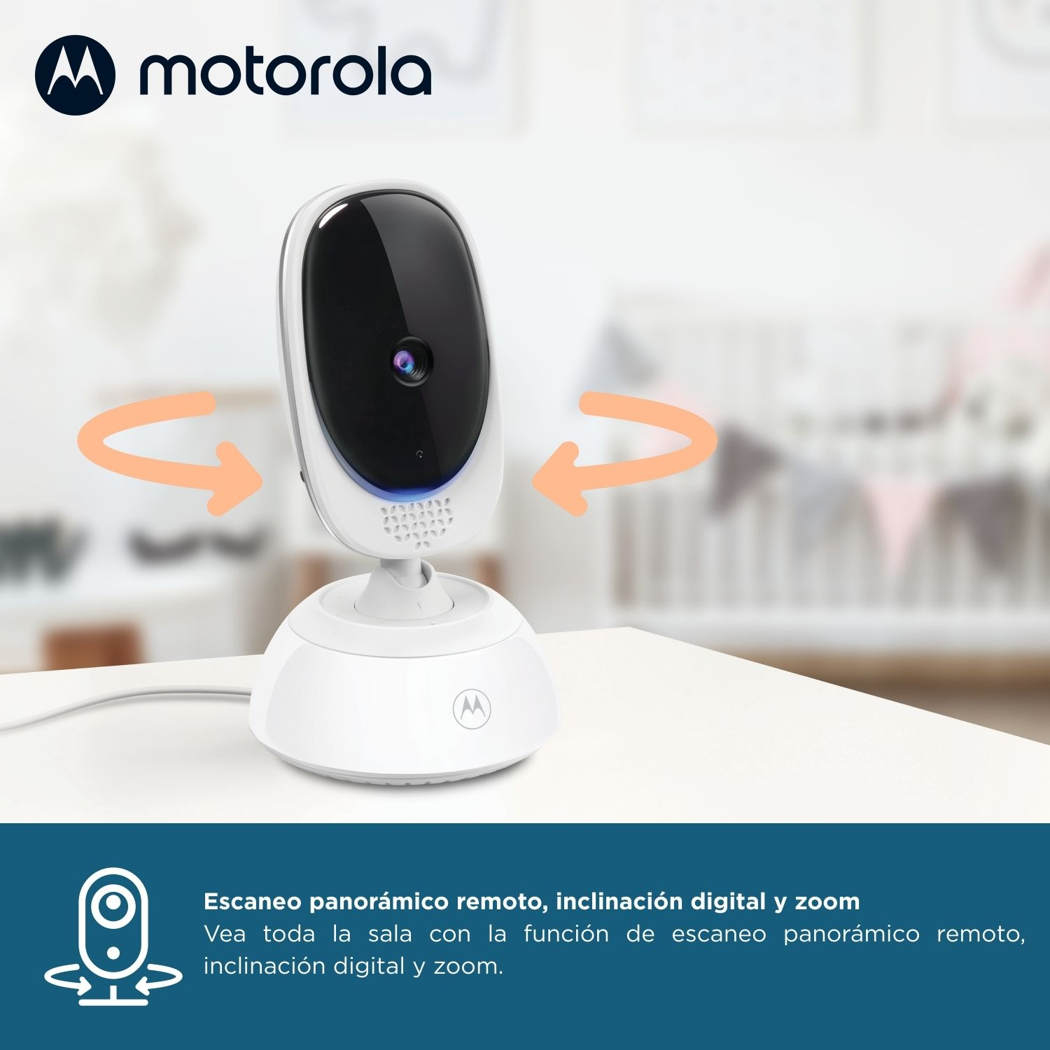 Baby monitor Motorola con funzioni pan, tilt e zoom su un tavolo.