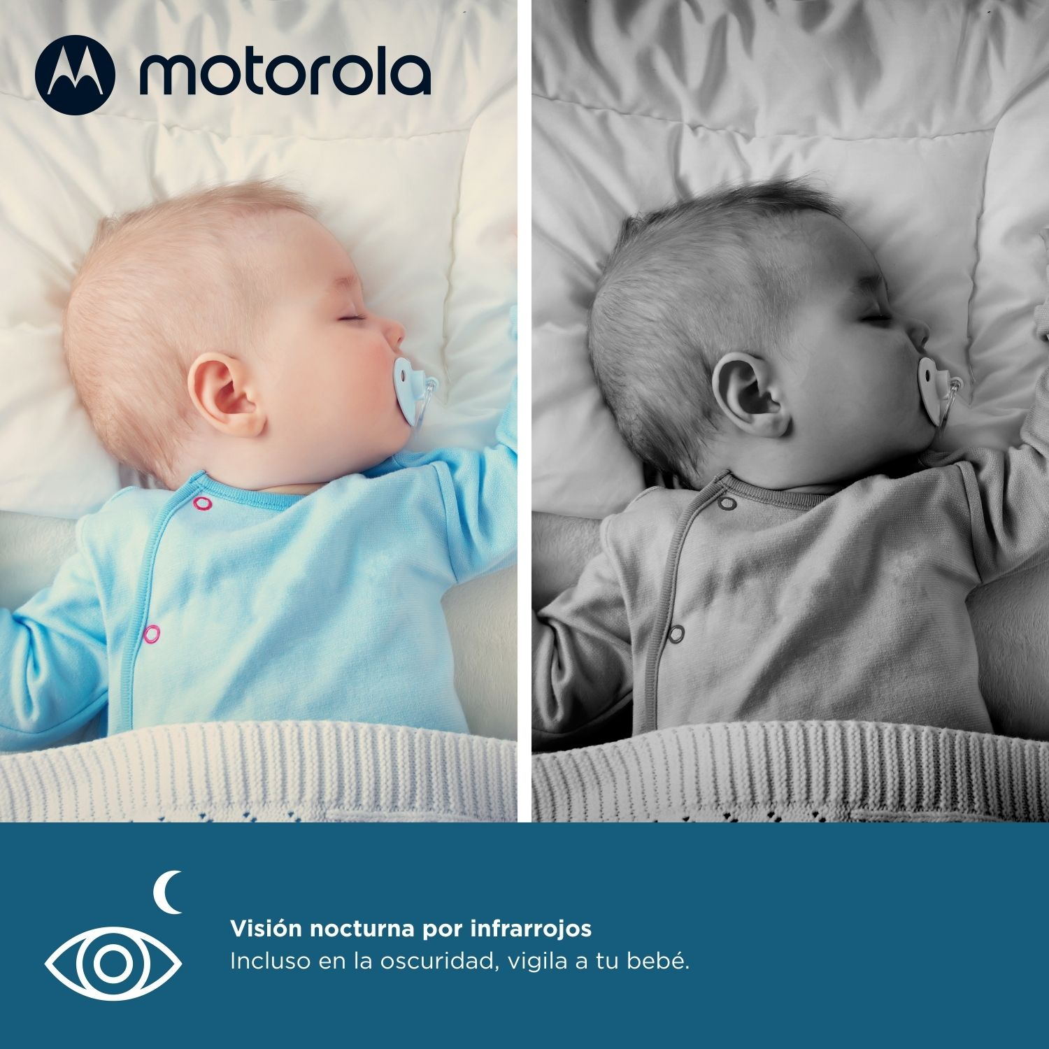 Immagine divisa: Sinistra a colori, destra in B/N. Entrambe mostrano bimbo addormentato con ciuccio. Logo Motorola.