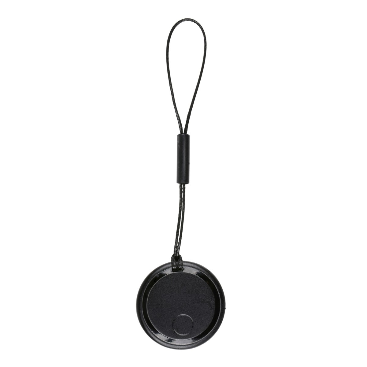 Un pendentif rond noir avec dragonne et cordon noir.