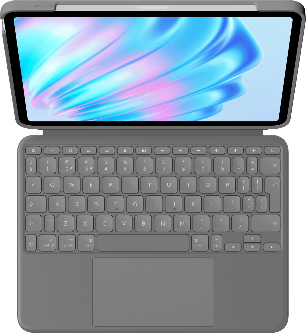 Tablet grigio con custodia tastiera, aperto per mostrare schermo con arte astratta.