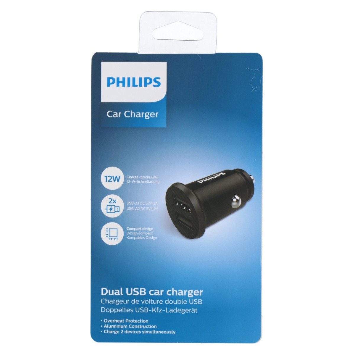 Philips Dual USB autolader met 12W, oververhittingsbeveiliging.