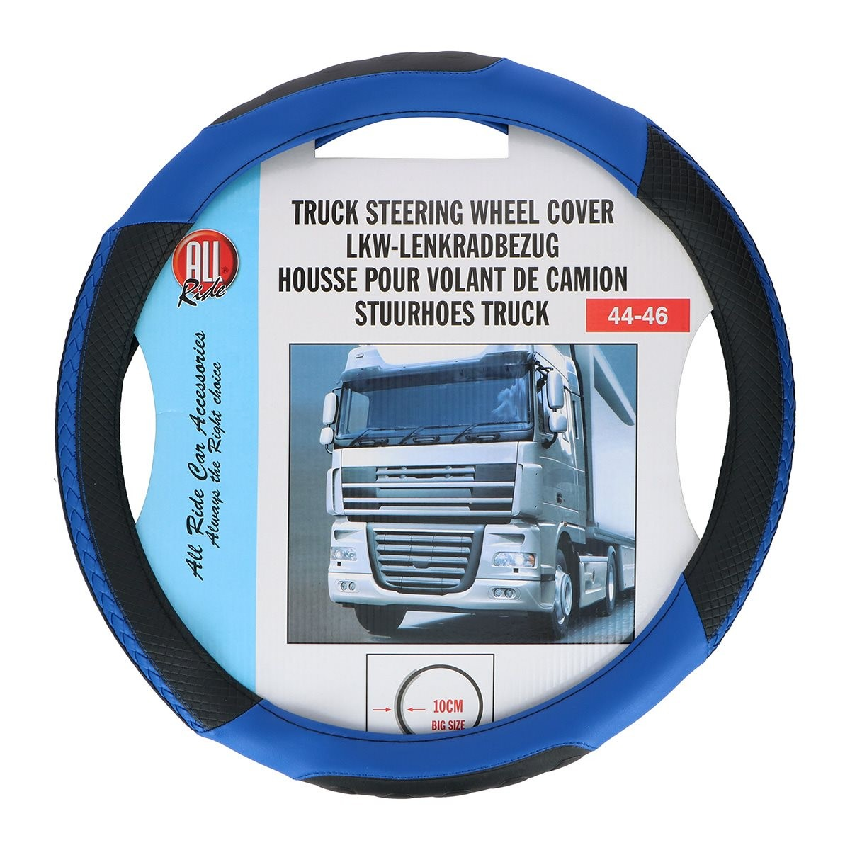 Blue and black truck steering wheel cover on packaging with truck image.