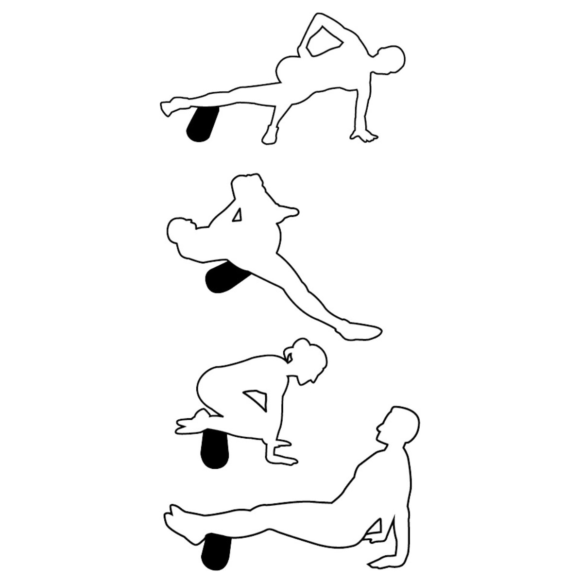 Quattro silhouette di persone che usano rulli in schiuma per esercizi o stretching.