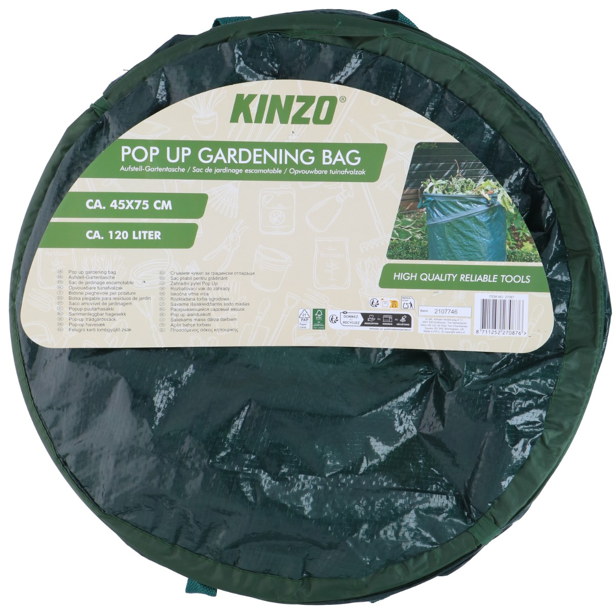 Sac de jardin Kinzo vert Pop-Up, 45x75 cm, 120 litres, pour déchets verts.
