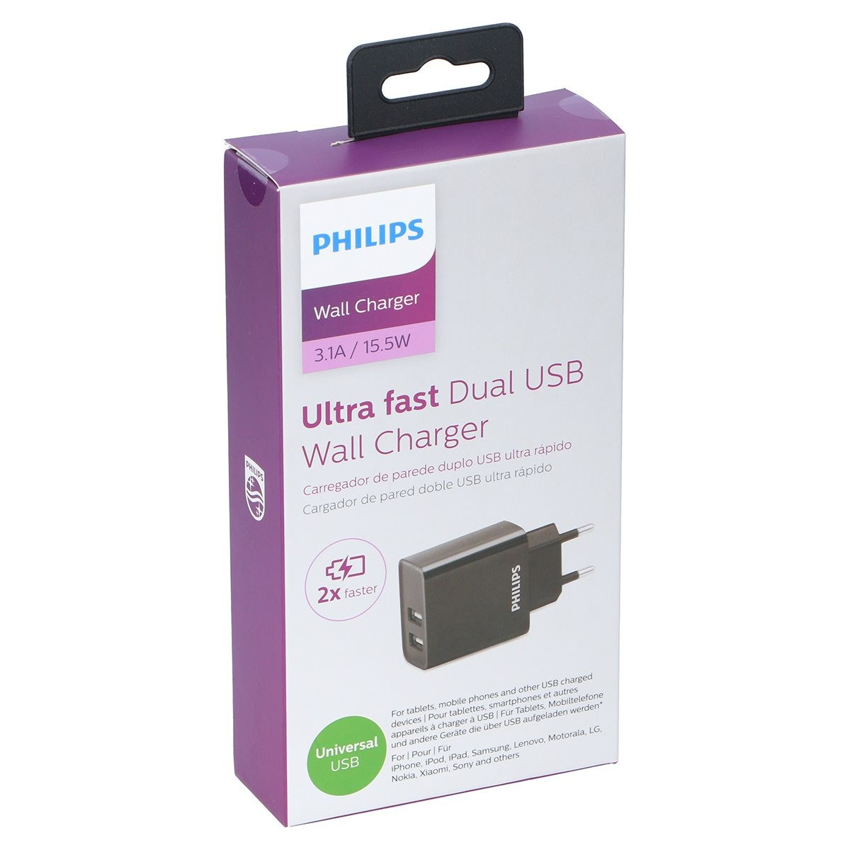 Philips Dual USB Wall Charger packaging detailing speed and compatibility.