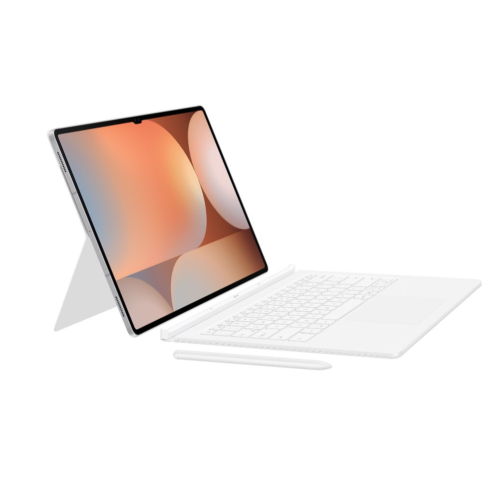Yanında kalem bulunan, stantlı ve klavyeli beyaz tablet.