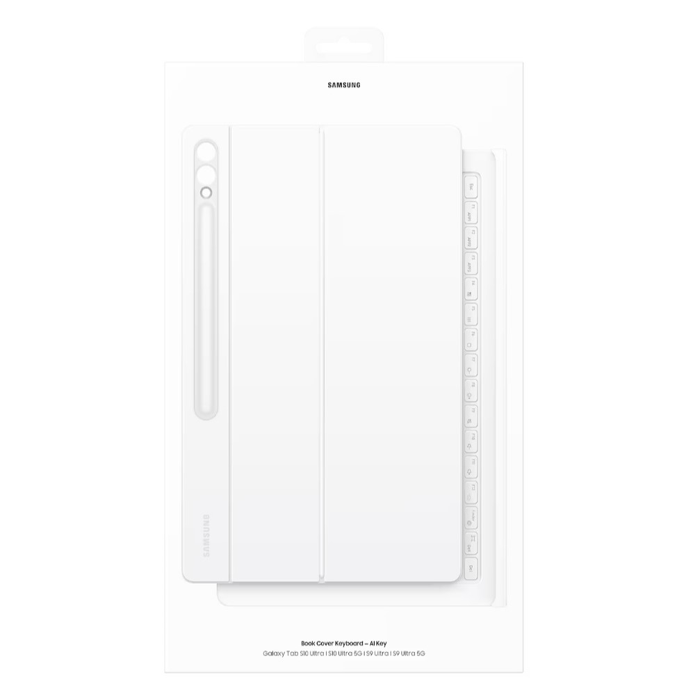 Beyaz Samsung kitap kılıfı klavye ve S Pen ambalajında. Galaxy Tab S10/S9 Ultra için.