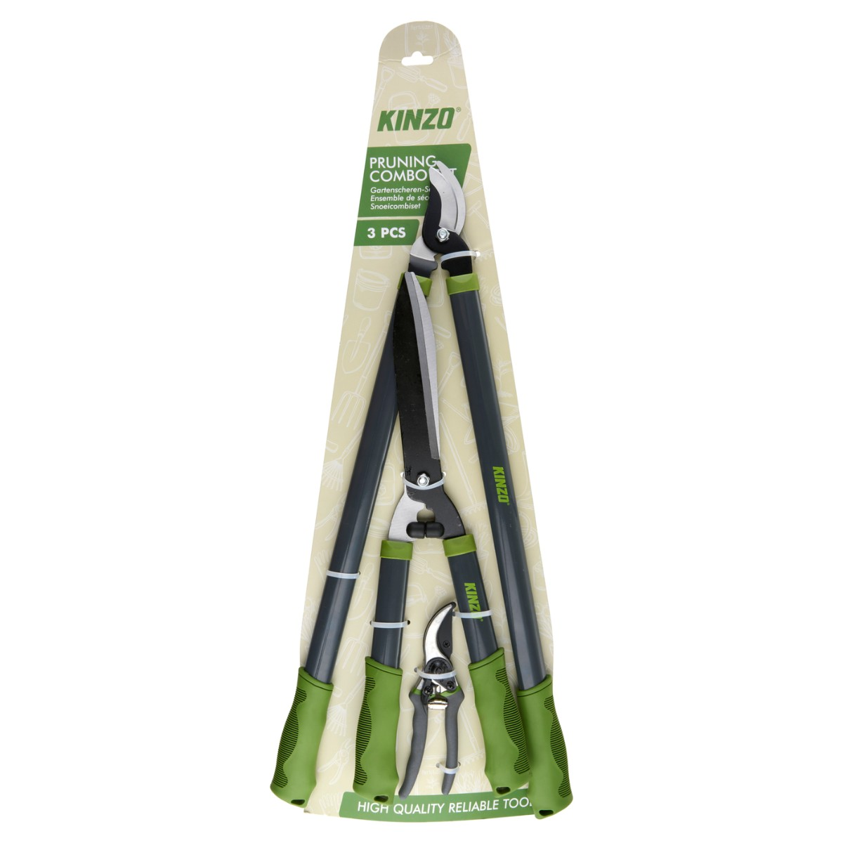 Un ensemble Kinzo de taille avec trois outils gris et verts.