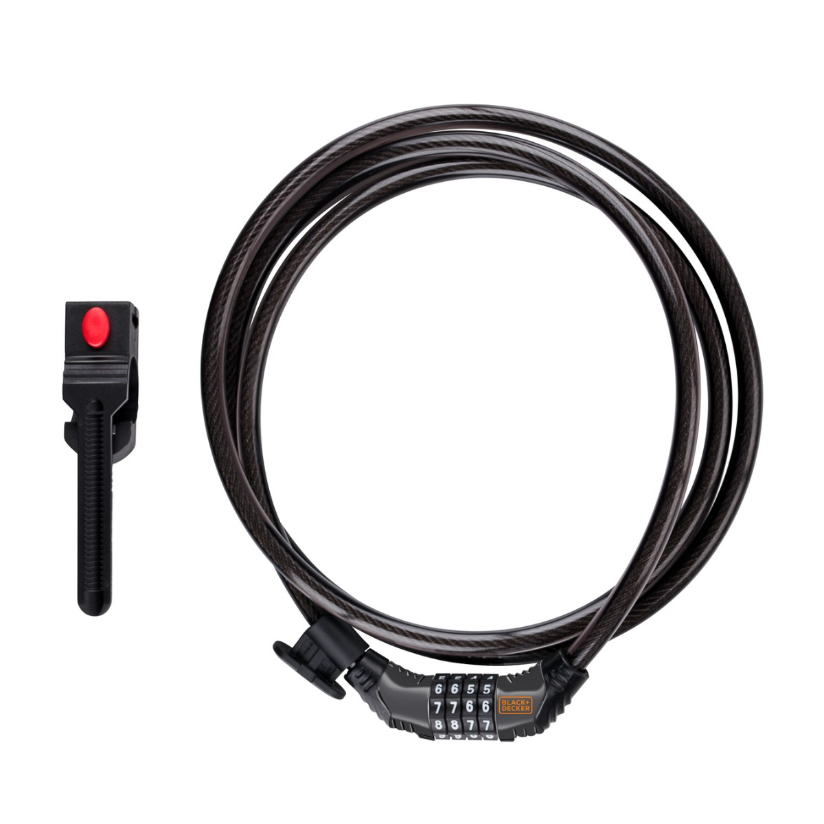 Black combination lock cable with mount. Numbers 6655, 7766, 8877.