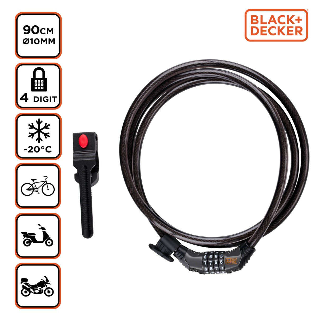 Black cable lock with combination lock, 90cm long, 10mm diameter.