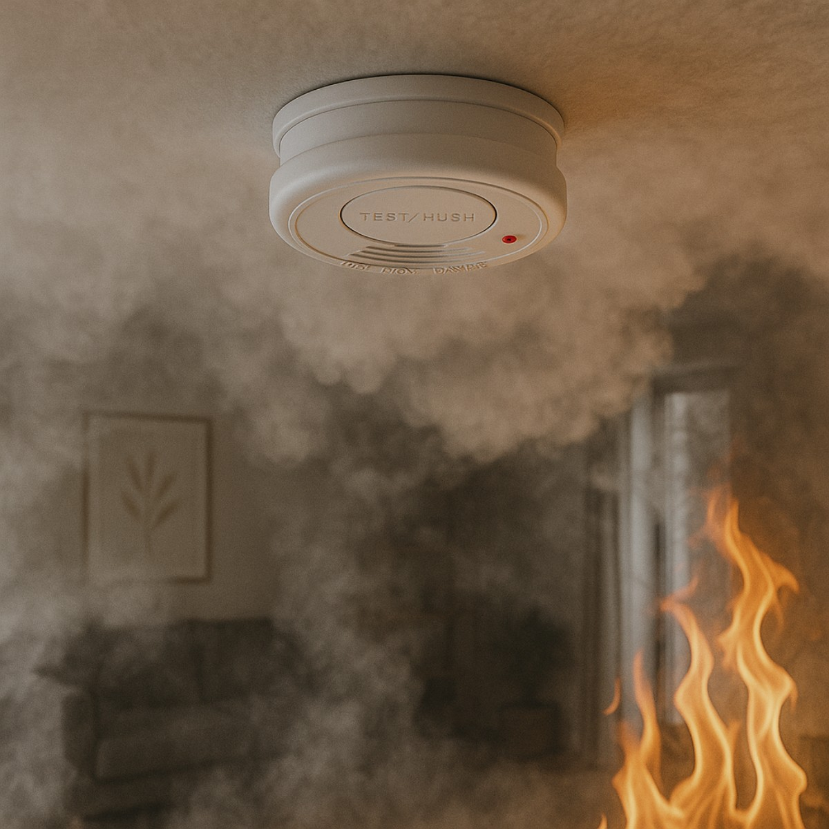 Rauchmelder an Decke mit Flammen und Rauch im Hintergrund.