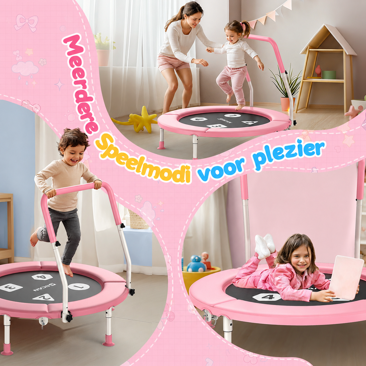 Kinder und eine Frau springen auf rosa Trampolinen in einem hellen Raum.
